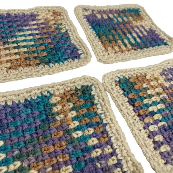 Mug Rugs Coasters Handmade Crochet Square Beige Tan Teal Vinyl Back Set of 4 - Picture 4 of 11